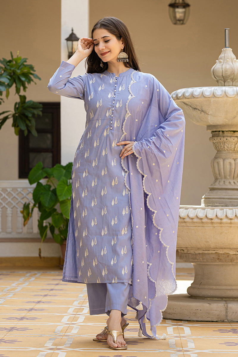 Lavender Silk Blend Solid Embroidered Straight Suit Set With Trouser Bottom PKSKD2688