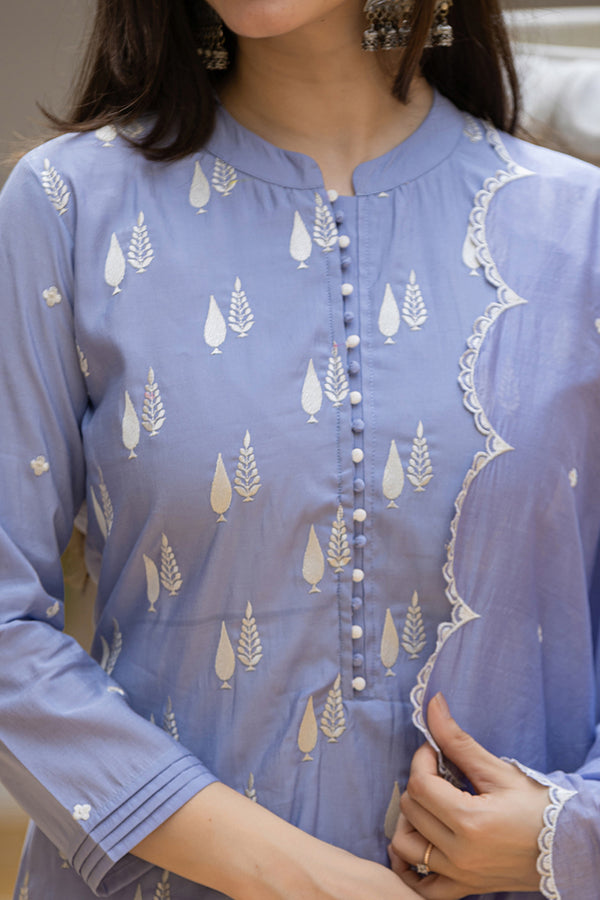 Lavender Silk Blend Solid Embroidered Straight Suit Set With Trouser Bottom PKSKD2688
