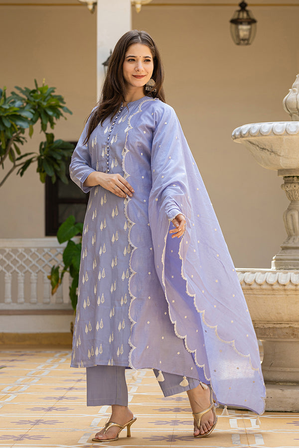 Lavender Silk Blend Solid Embroidered Straight Suit Set With Trouser Bottom PKSKD2688