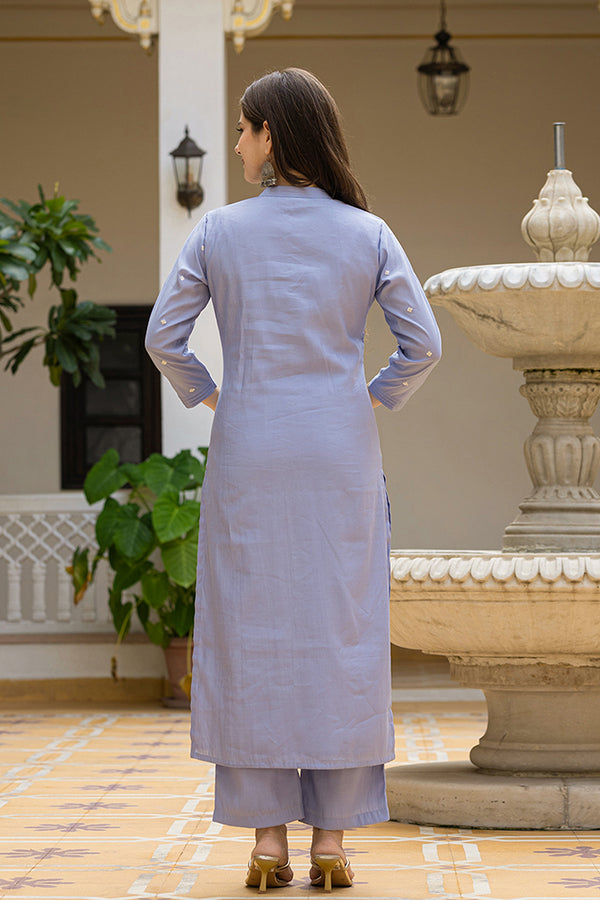Lavender Silk Blend Solid Embroidered Straight Suit Set With Trouser Bottom PKSKD2688