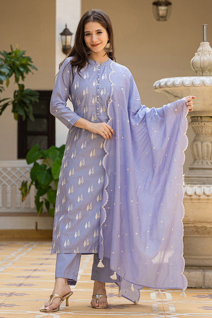 Lavender Silk Blend Solid Embroidered Straight Suit Set With Trouser Bottom PKSKD2688