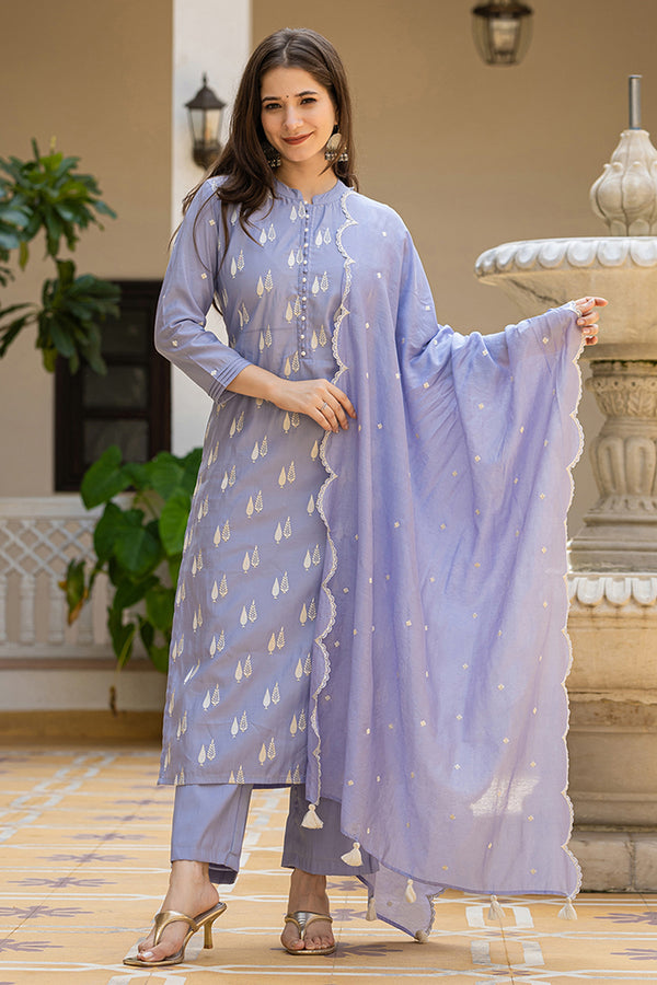 Lavender Silk Blend Solid Embroidered Straight Suit Set With Trouser Bottom PKSKD2688