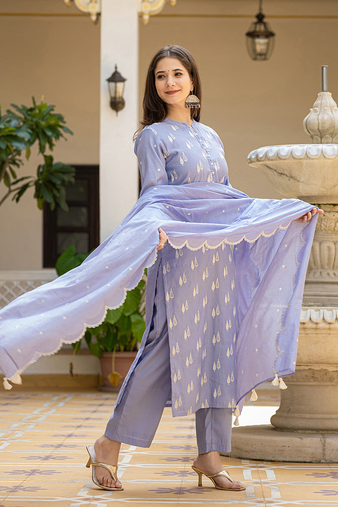 Lavender Silk Blend Solid Embroidered Straight Suit Set With Trouser Bottom PKSKD2688