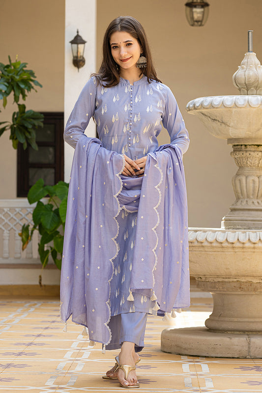 Lavender Silk Blend Solid Embroidered Straight Suit Set With Trouser Bottom PKSKD2688