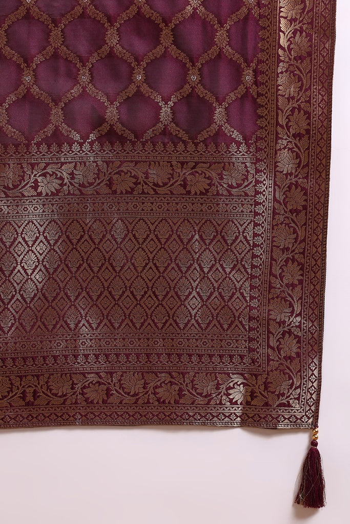Dark Wine Chanderi Silk Woven Design Straight Trouser Suit Set PKSKD2694