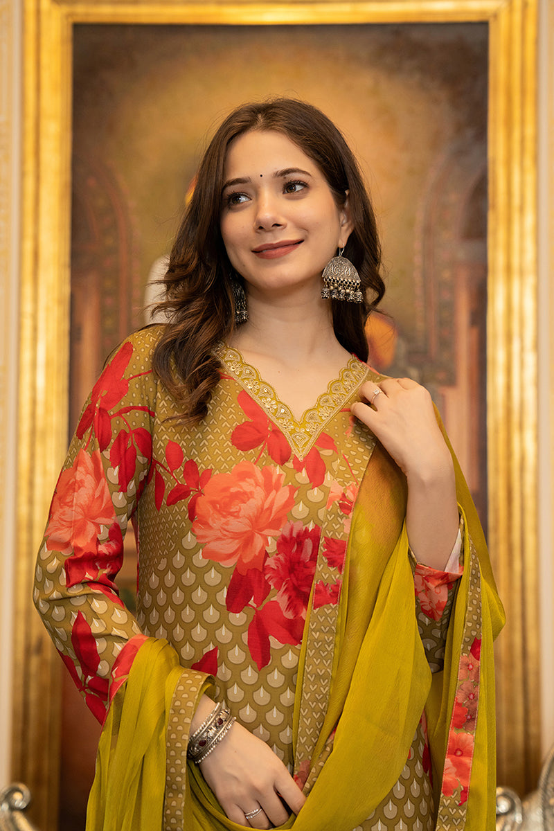Olive Silk Blend Floral Printed Straight Suit Set With Trouser Bottom PKSKD2704