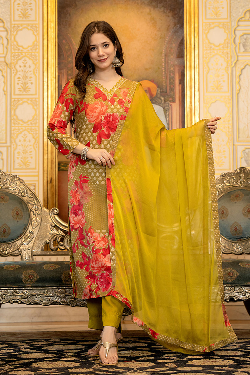 Olive Silk Blend Floral Printed Straight Suit Set With Trouser Bottom PKSKD2704
