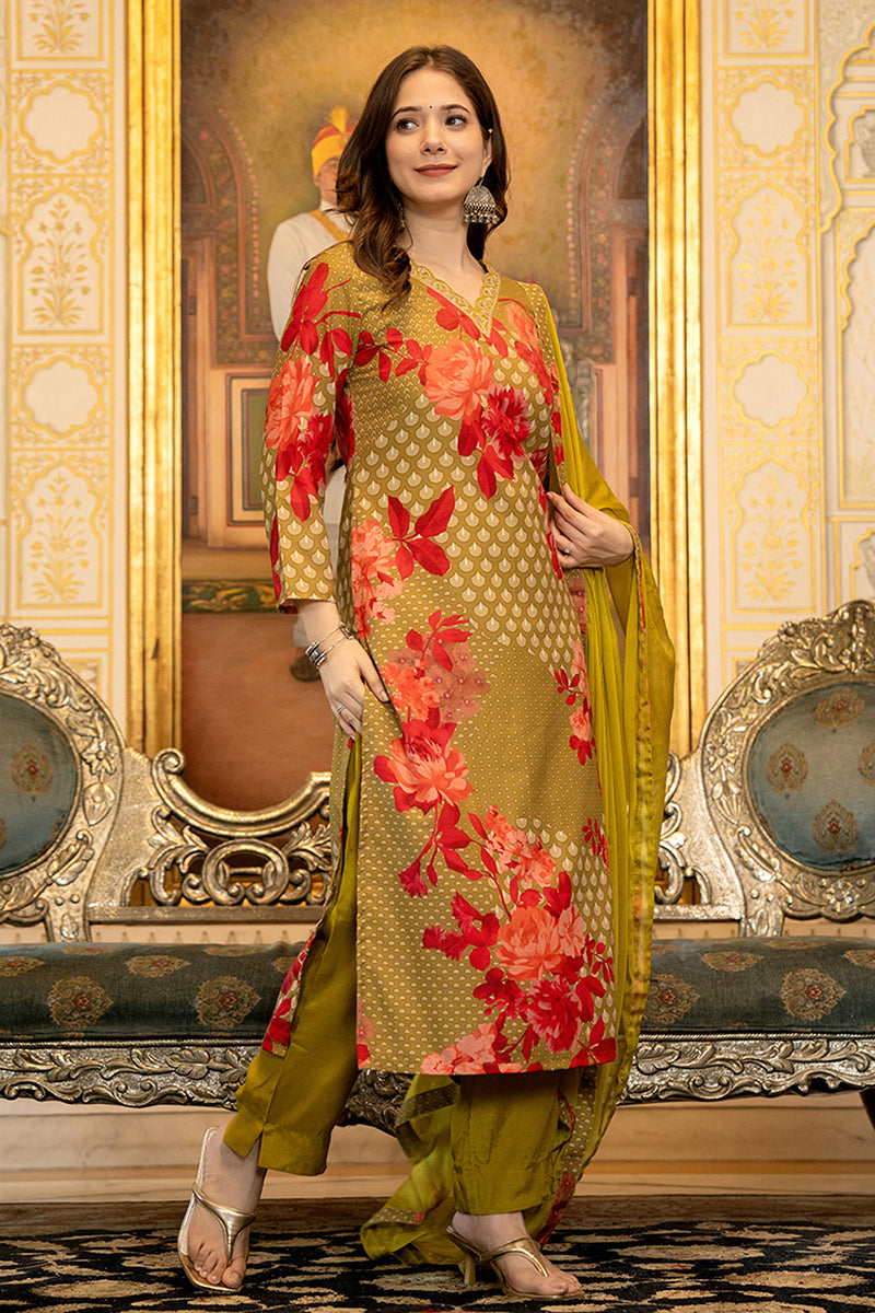 Olive Silk Blend Floral Printed Straight Suit Set With Trouser Bottom PKSKD2704