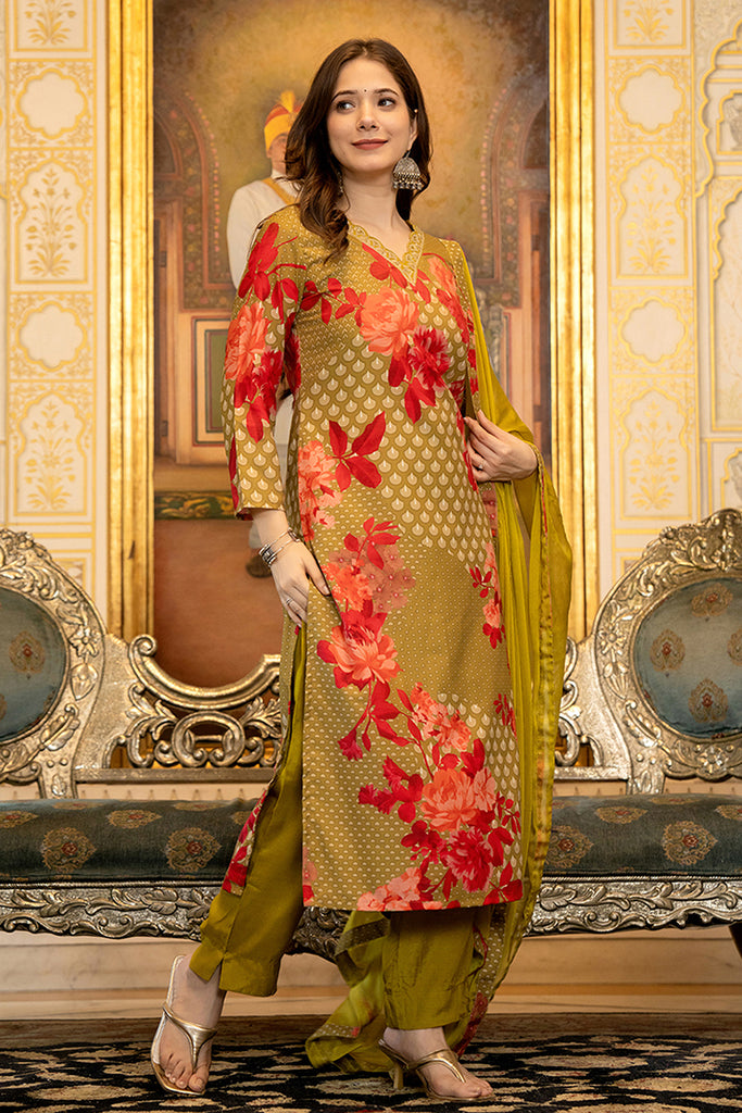 Olive Silk Blend Floral Printed Straight Suit Set With Trouser Bottom PKSKD2704