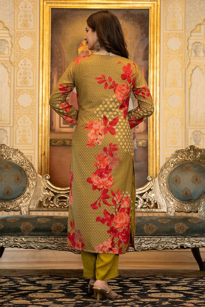Olive Silk Blend Floral Printed Straight Suit Set With Trouser Bottom PKSKD2704