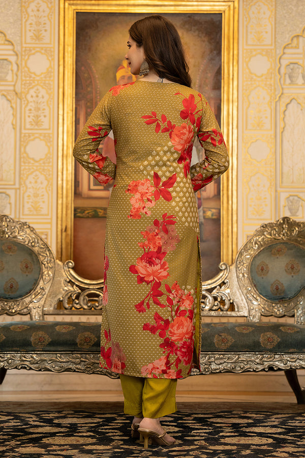 Olive Silk Blend Floral Printed Straight Suit Set With Trouser Bottom PKSKD2704