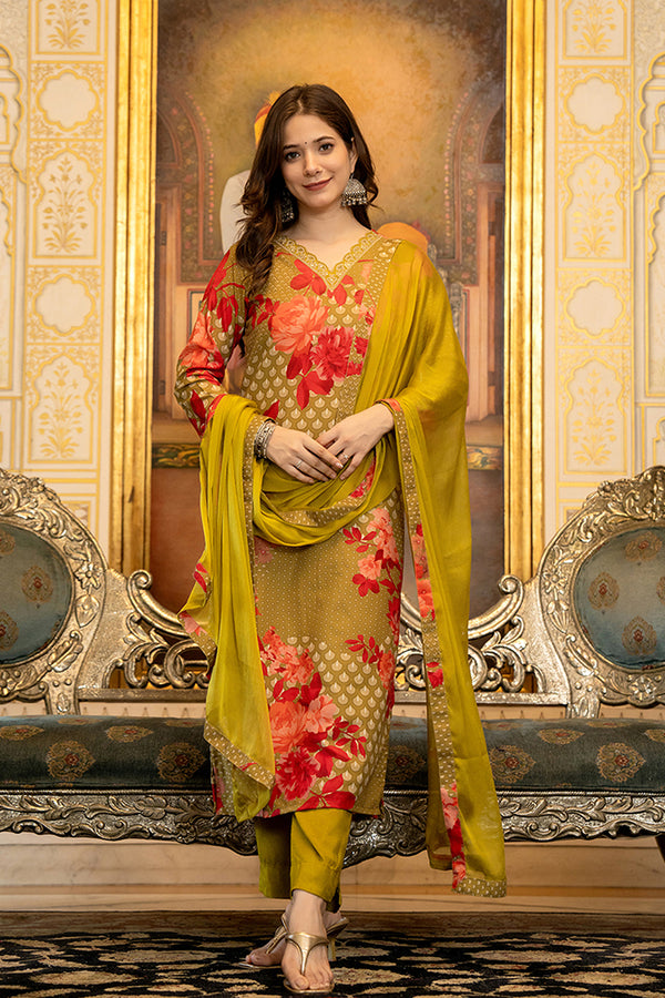 Olive Silk Blend Floral Printed Straight Suit Set With Trouser Bottom PKSKD2704