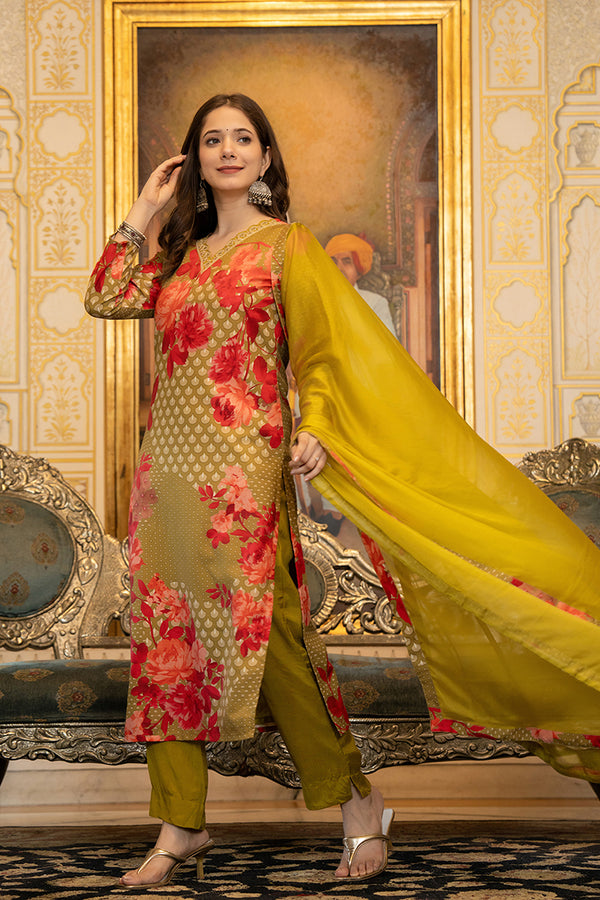 Olive Silk Blend Floral Printed Straight Suit Set With Trouser Bottom PKSKD2704