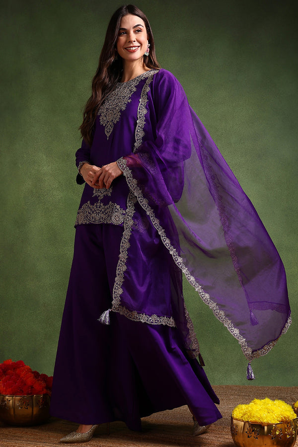 Purple Silk Blend Solid Embroidered Straight Palazzo Suit Set PKSKD2706