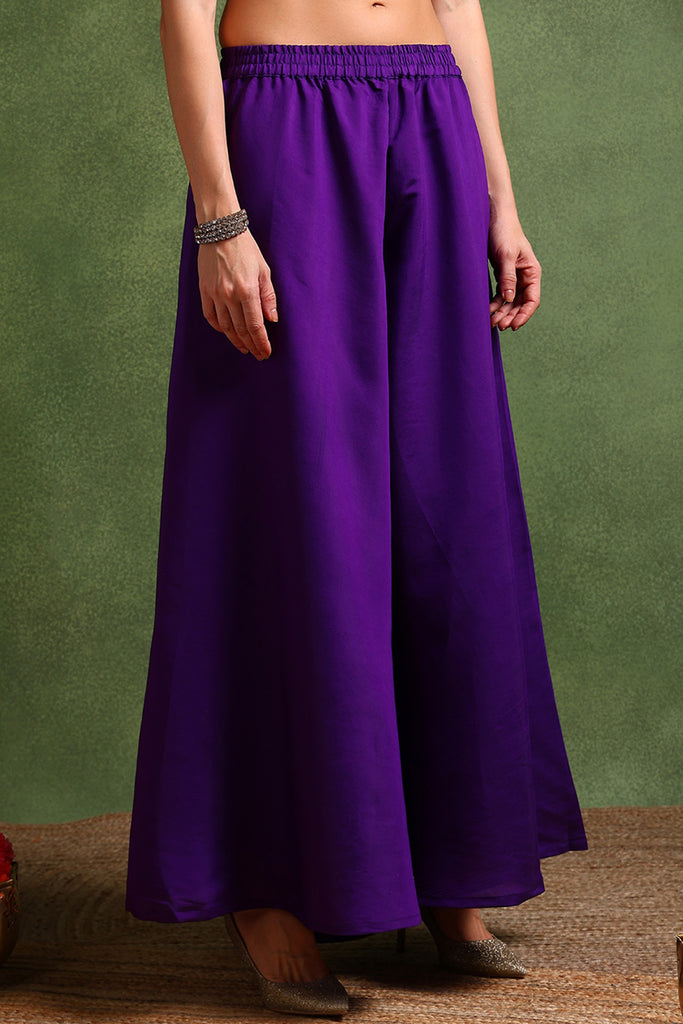 Purple Silk Blend Solid Embroidered Straight Palazzo Suit Set PKSKD2706
