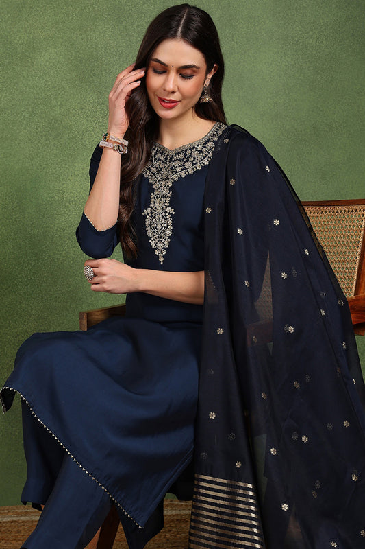 Navy Blue Silk Blend Solid Embroidered Straight Suit Set With Trouser Style Bottom PKSKD2718
