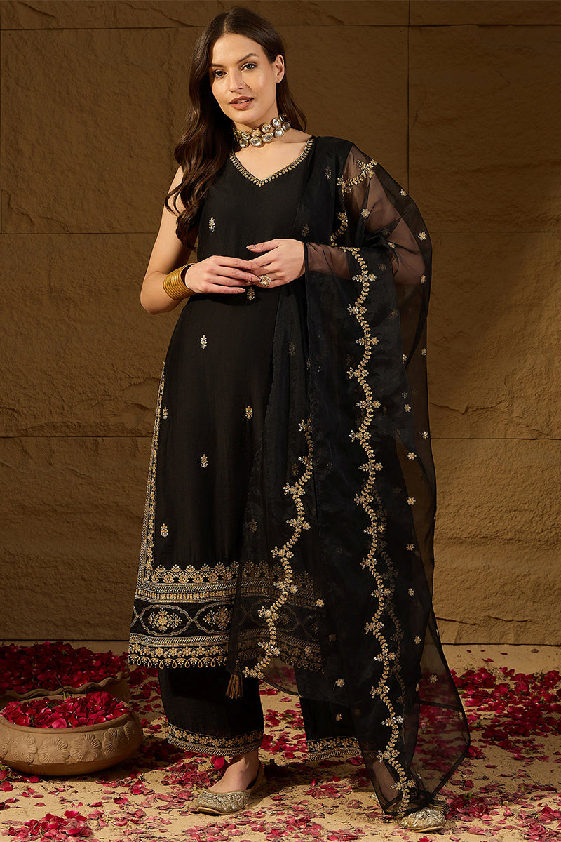 Black Silk Blend Embroidered Straight Kurta Palazzos With Dupatta HOPPKSKD2722