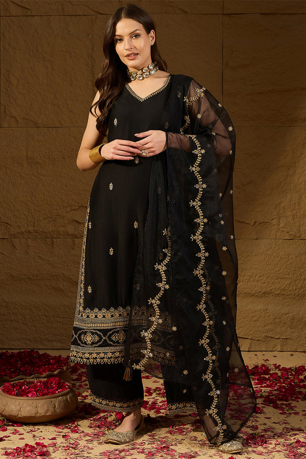 Black Silk Blend Embroidered Straight Kurta Palazzos With Dupatta HOPPKSKD2722