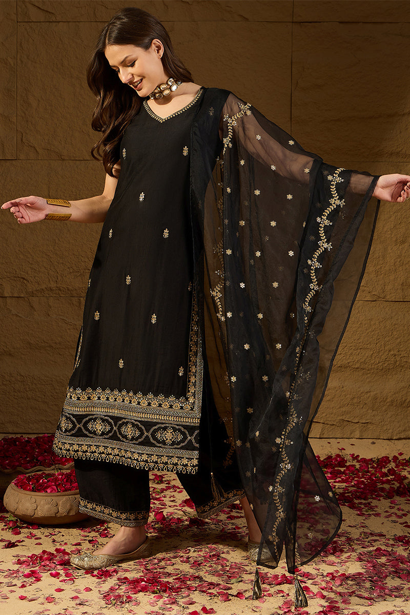 Black Silk Blend Embroidered Straight Kurta Palazzos With Dupatta HOPPKSKD2722