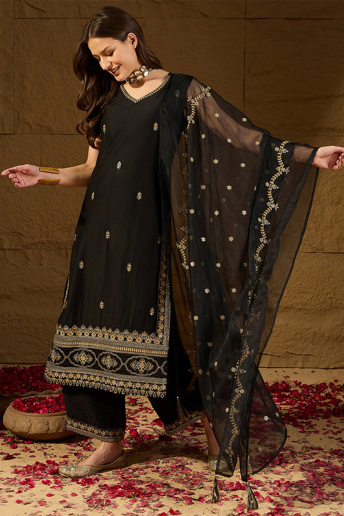Black Silk Blend Embroidered Straight Kurta Palazzos With Dupatta HOPPKSKD2722