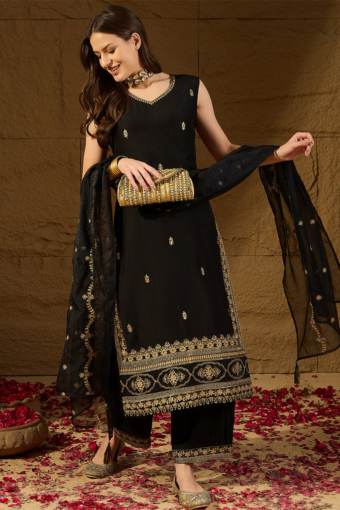 Black Silk Blend Embroidered Straight Kurta Palazzos With Dupatta HOPPKSKD2722