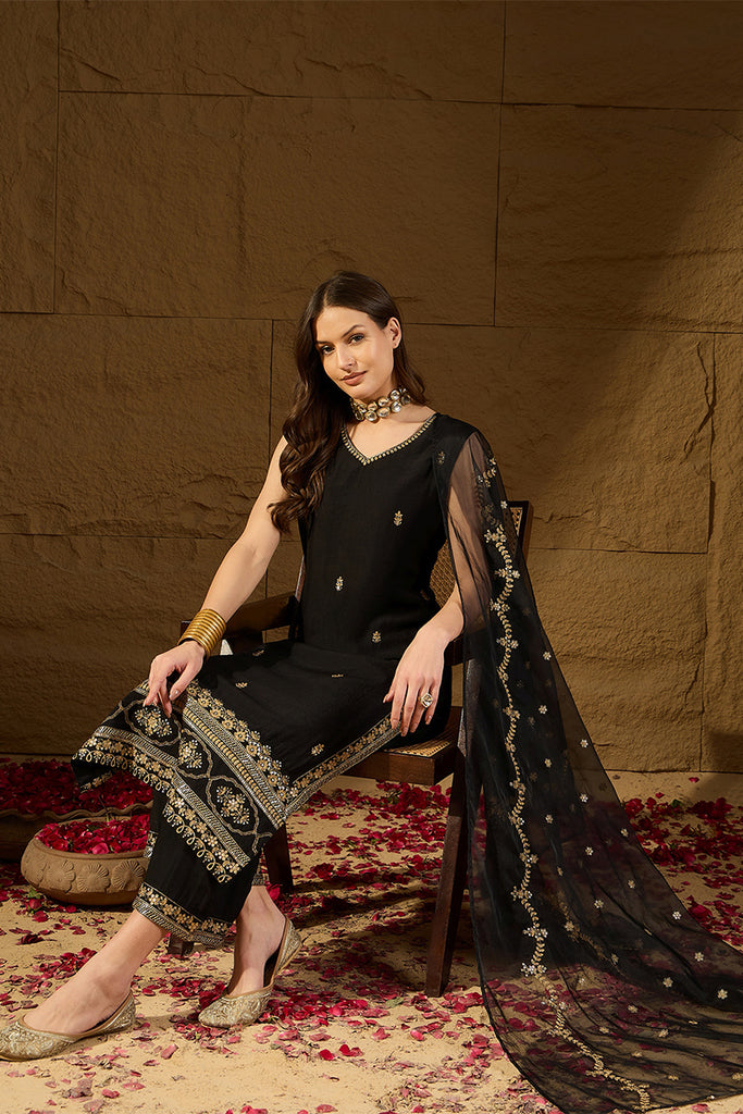 Black Silk Blend Embroidered Straight Kurta Palazzos With Dupatta HOPPKSKD2722