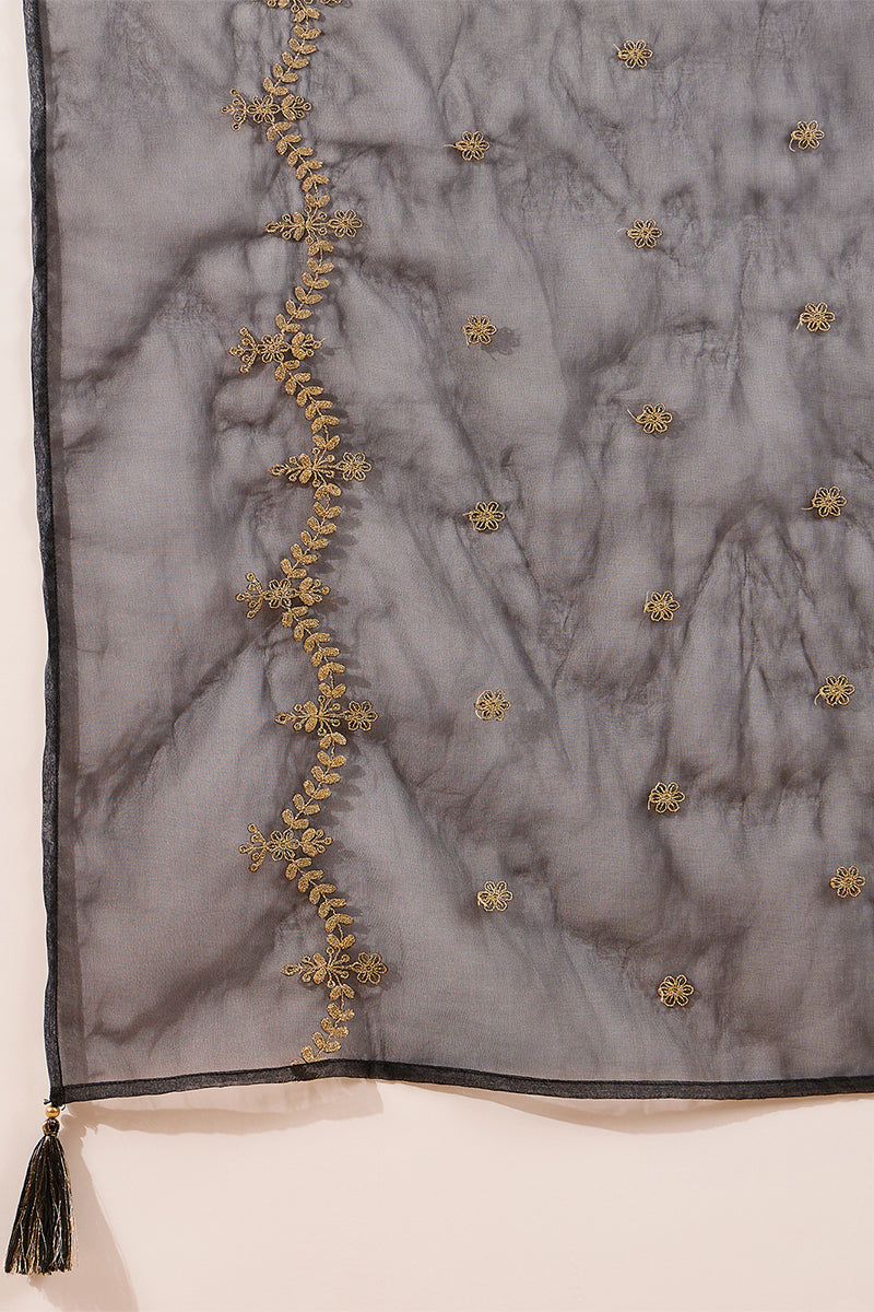 Black Silk Blend Embroidered Straight Kurta Palazzos With Dupatta HOPPKSKD2722