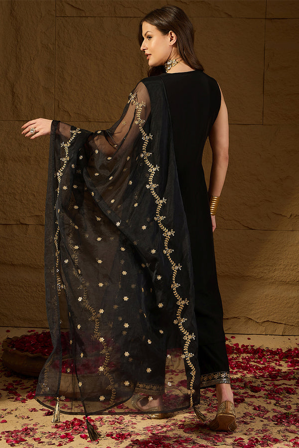 Black Silk Blend Embroidered Straight Kurta Palazzos With Dupatta HOPPKSKD2722