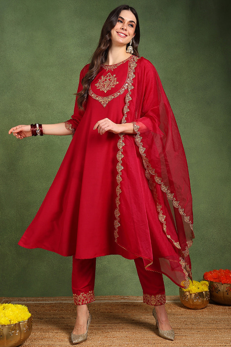 Red Silk Blend Solid Embroidered Anarkali Suit Set With Trouser Bottom PKSKD2726