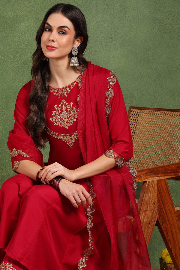 Red Silk Blend Solid Embroidered Anarkali Suit Set With Trouser Bottom PKSKD2726