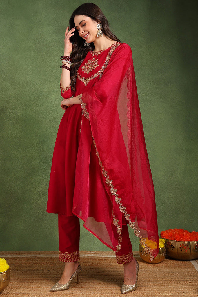 Red Silk Blend Solid Embroidered Anarkali Suit Set With Trouser Bottom PKSKD2726