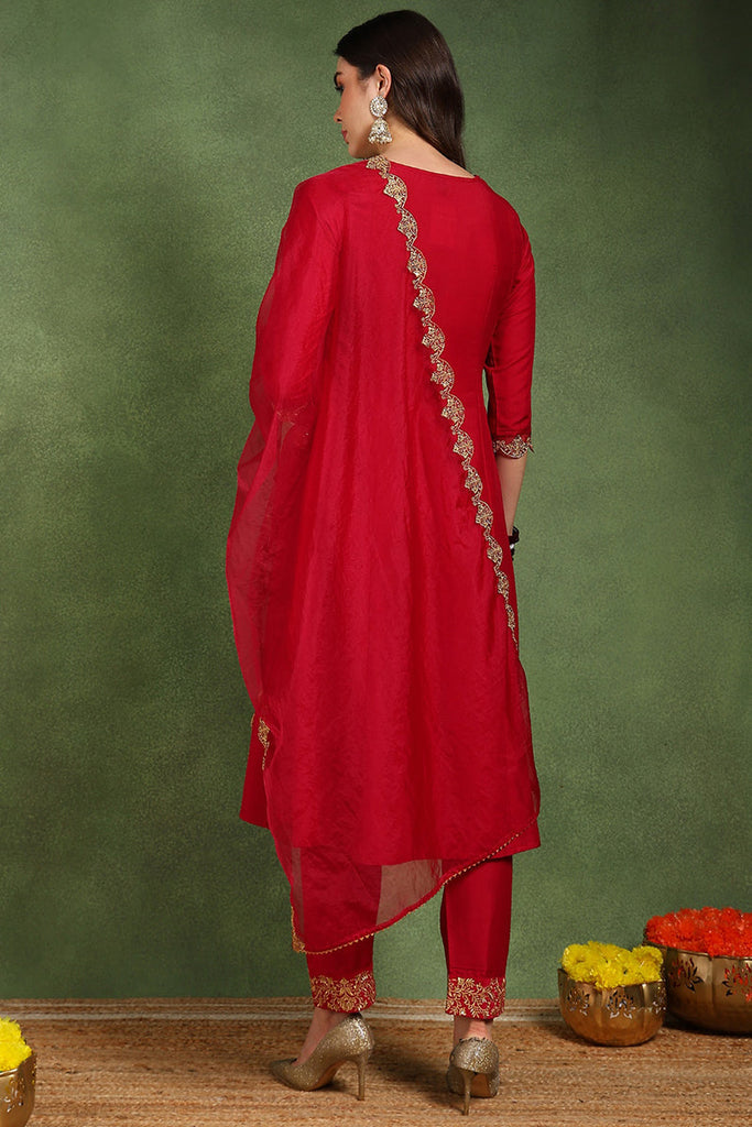 Red Silk Blend Solid Embroidered Anarkali Suit Set With Trouser Bottom PKSKD2726