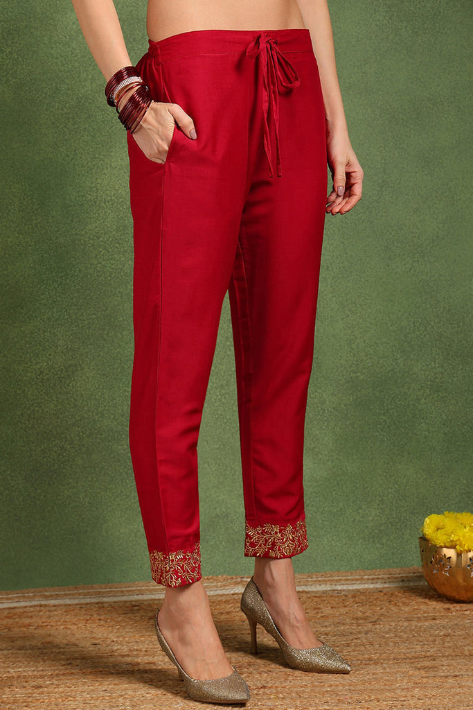 Red Silk Blend Solid Embroidered Anarkali Suit Set With Trouser Bottom PKSKD2726