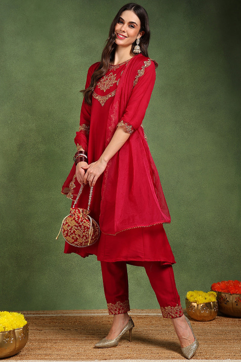 Red Silk Blend Solid Embroidered Anarkali Suit Set With Trouser Bottom PKSKD2726