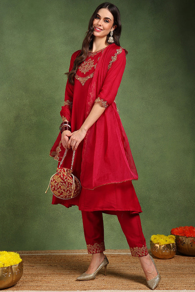 Red Silk Blend Solid Embroidered Anarkali Suit Set With Trouser Bottom PKSKD2726