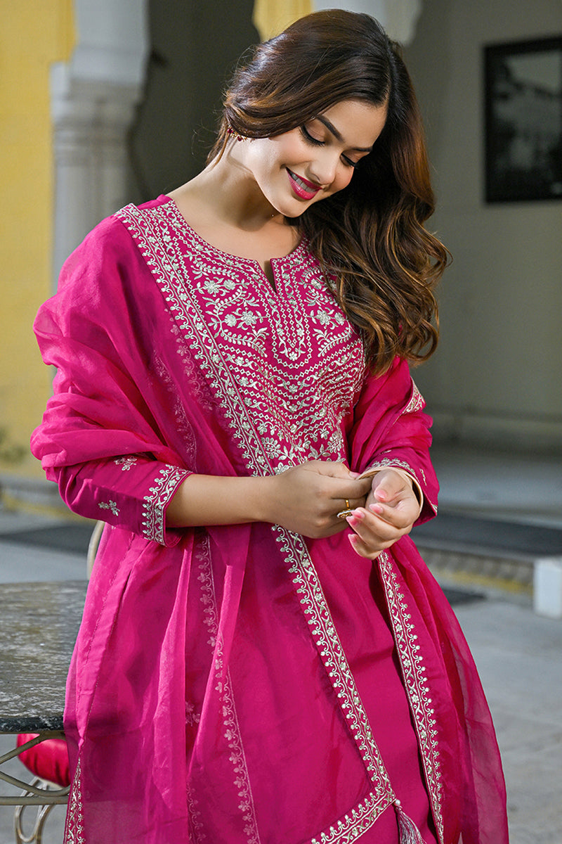Pink Silk Blend Solid Embroidered Straight Kurta Palazzos With Dupatta PKSKD2732