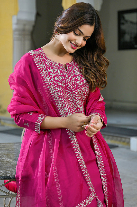 Pink Silk Blend Solid Embroidered Straight Kurta Palazzos With Dupatta PKSKD2732