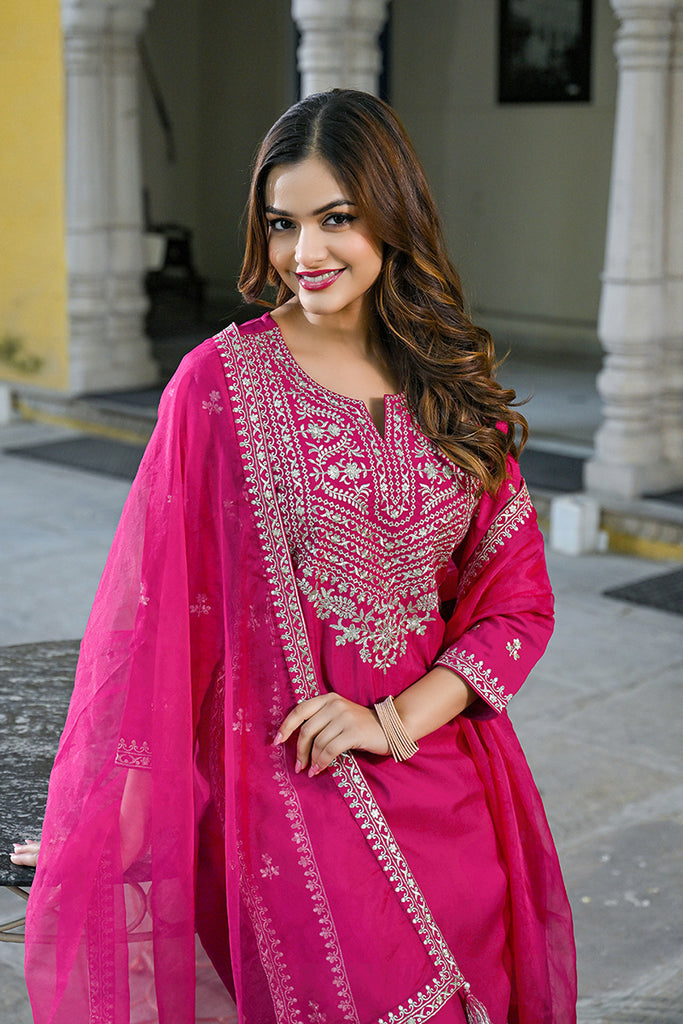 Pink Silk Blend Solid Embroidered Straight Kurta Palazzos With Dupatta PKSKD2732