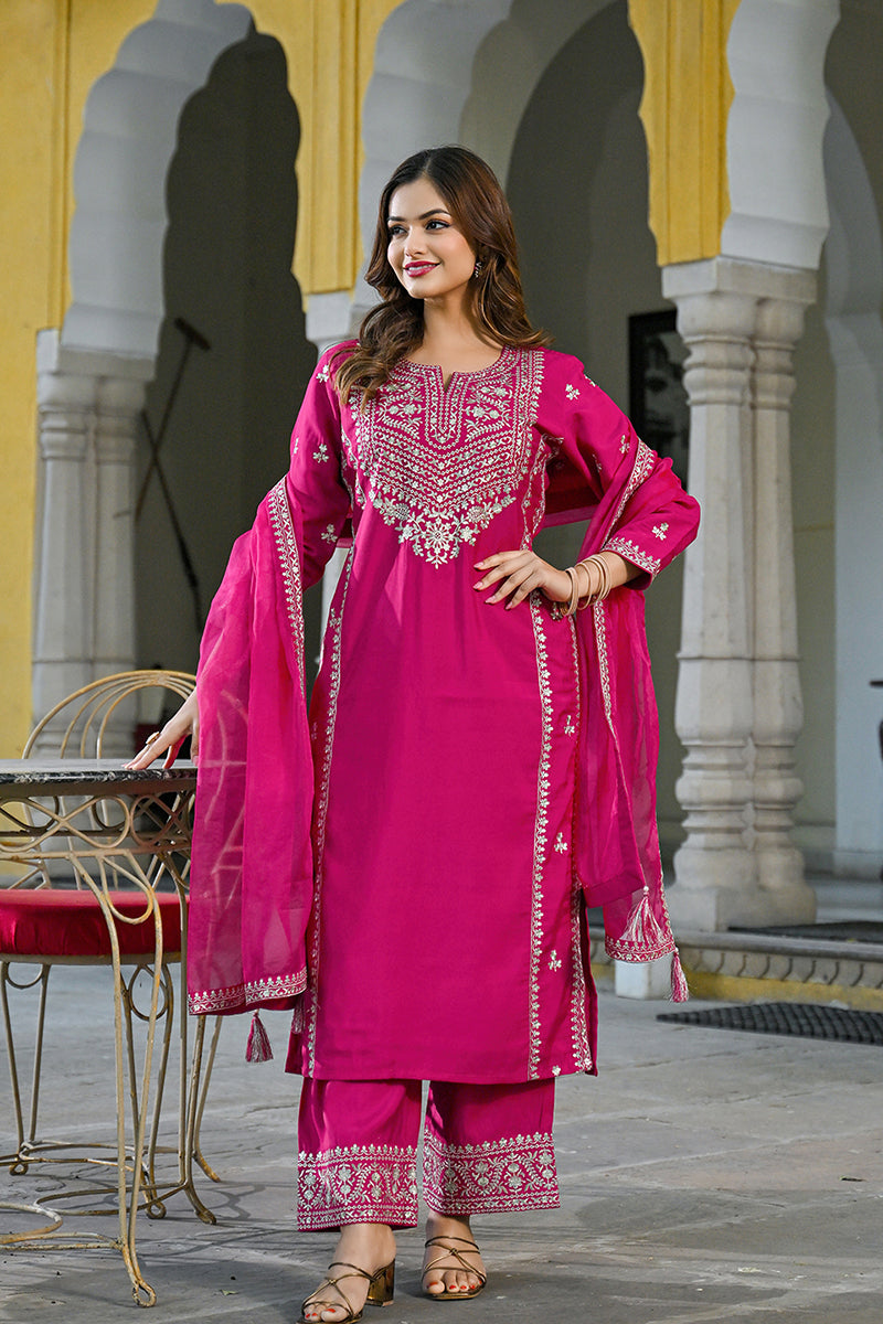 Pink Silk Blend Solid Embroidered Straight Kurta Palazzos With Dupatta PKSKD2732