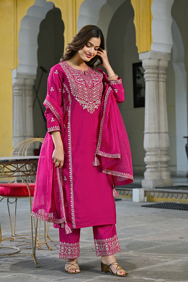 Pink Silk Blend Solid Embroidered Straight Kurta Palazzos With Dupatta PKSKD2732