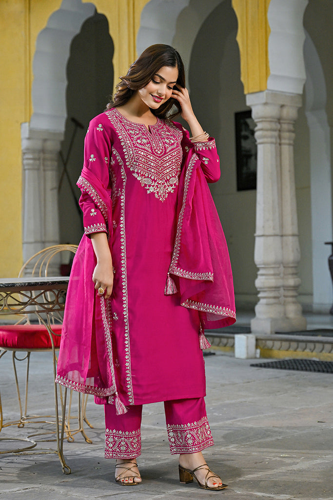 Pink Silk Blend Solid Embroidered Straight Kurta Palazzos With Dupatta PKSKD2732