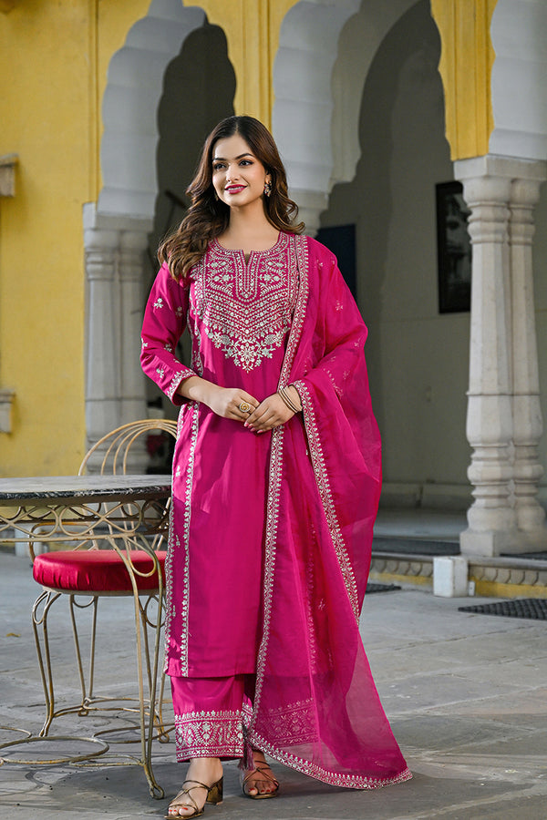 Pink Silk Blend Solid Embroidered Straight Kurta Palazzos With Dupatta PKSKD2732