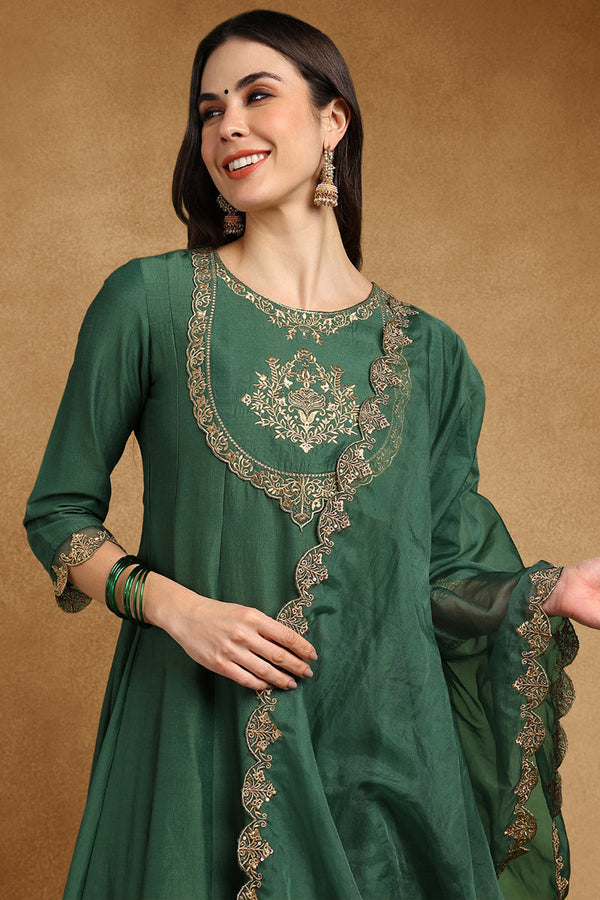 Green Silk Blend Solid Embroidered Anarkali Suit Set With Trouser Bottom PKSKD2733