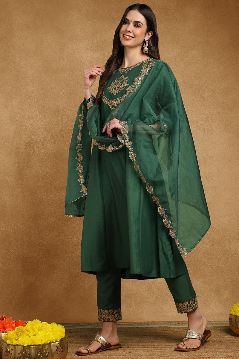 Green Silk Blend Solid Embroidered Anarkali Suit Set With Trouser Bottom PKSKD2733