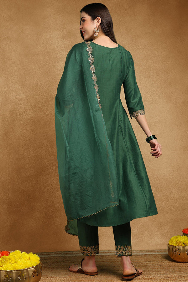 Green Silk Blend Solid Embroidered Anarkali Suit Set With Trouser Bottom PKSKD2733