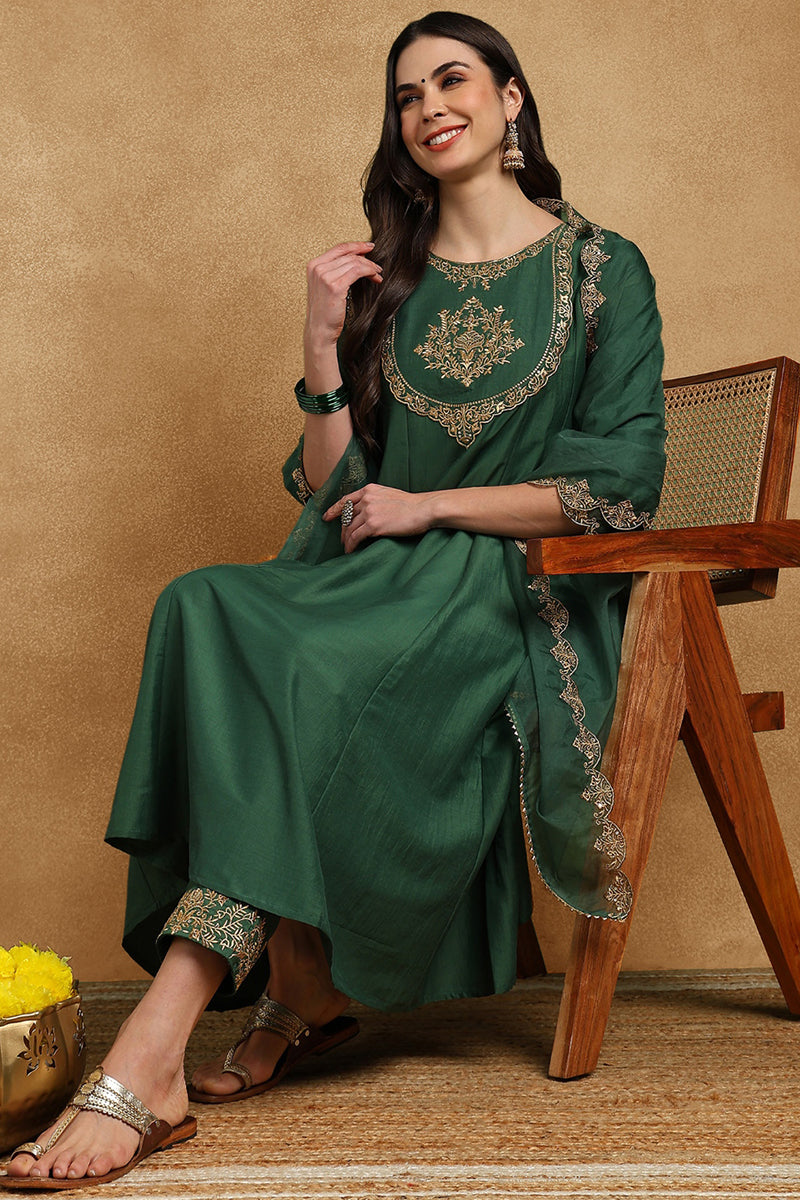 Green Silk Blend Solid Embroidered Anarkali Suit Set With Trouser Bottom PKSKD2733