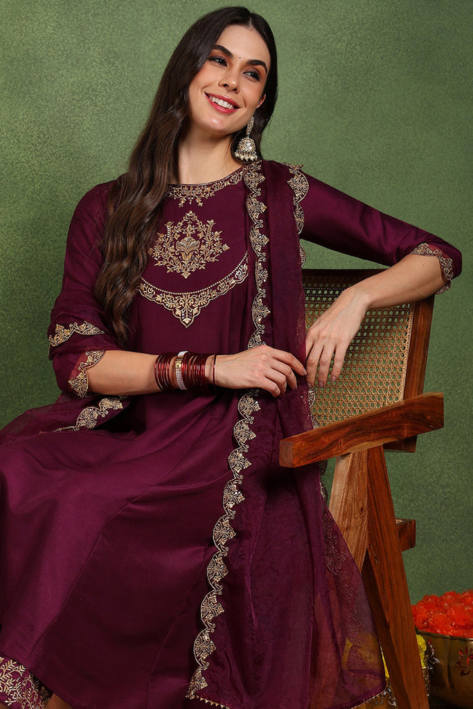 Burgundy Silk Blend Solid Embroidered Anarkali Suit Set With Trouser Style Bottom PKSKD2734