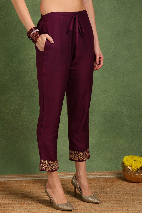 Burgundy Silk Blend Solid Embroidered Anarkali Suit Set With Trouser Style Bottom PKSKD2734