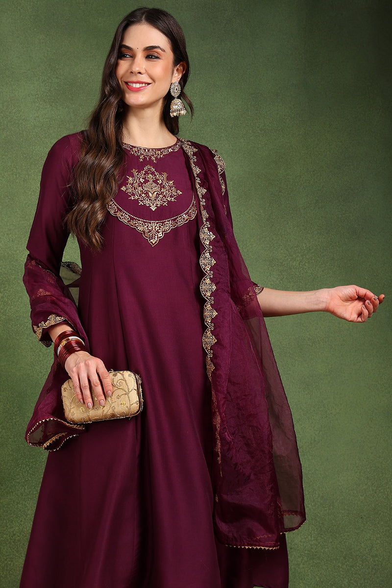 Burgundy Silk Blend Solid Embroidered Anarkali Suit Set With Trouser Style Bottom PKSKD2734