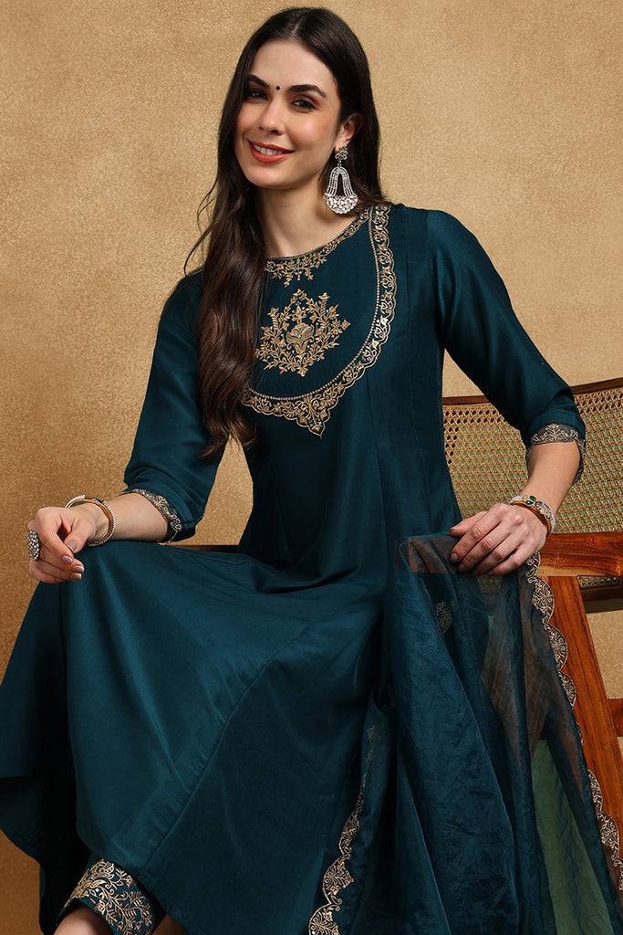 Teal Blue Silk Blend Solid Embroidered Anarkali Suit Set With Trouser Bottom PKSKD2735